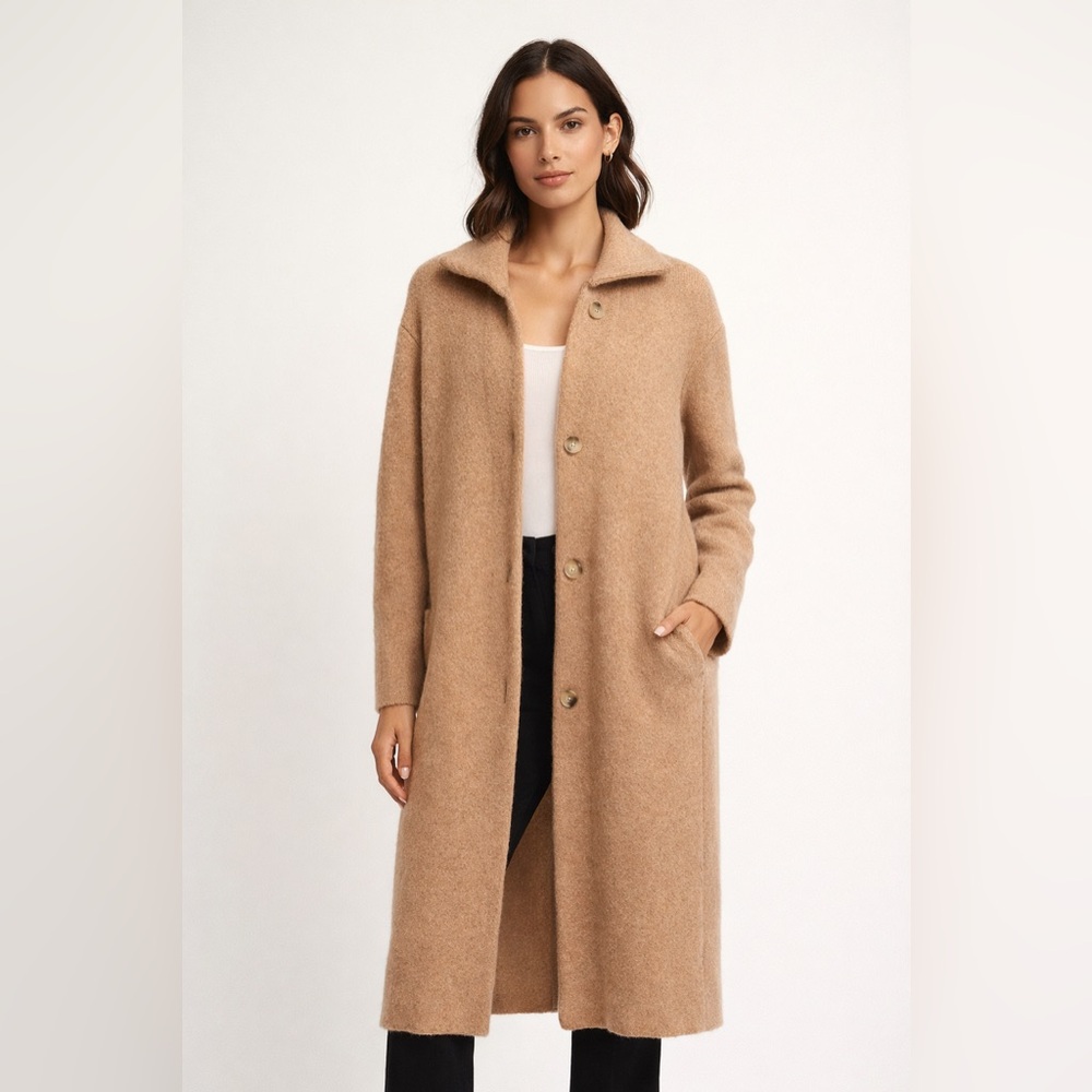 EUC Vince Collared Longline Cardigan Sweater Coat Camel, Size Small